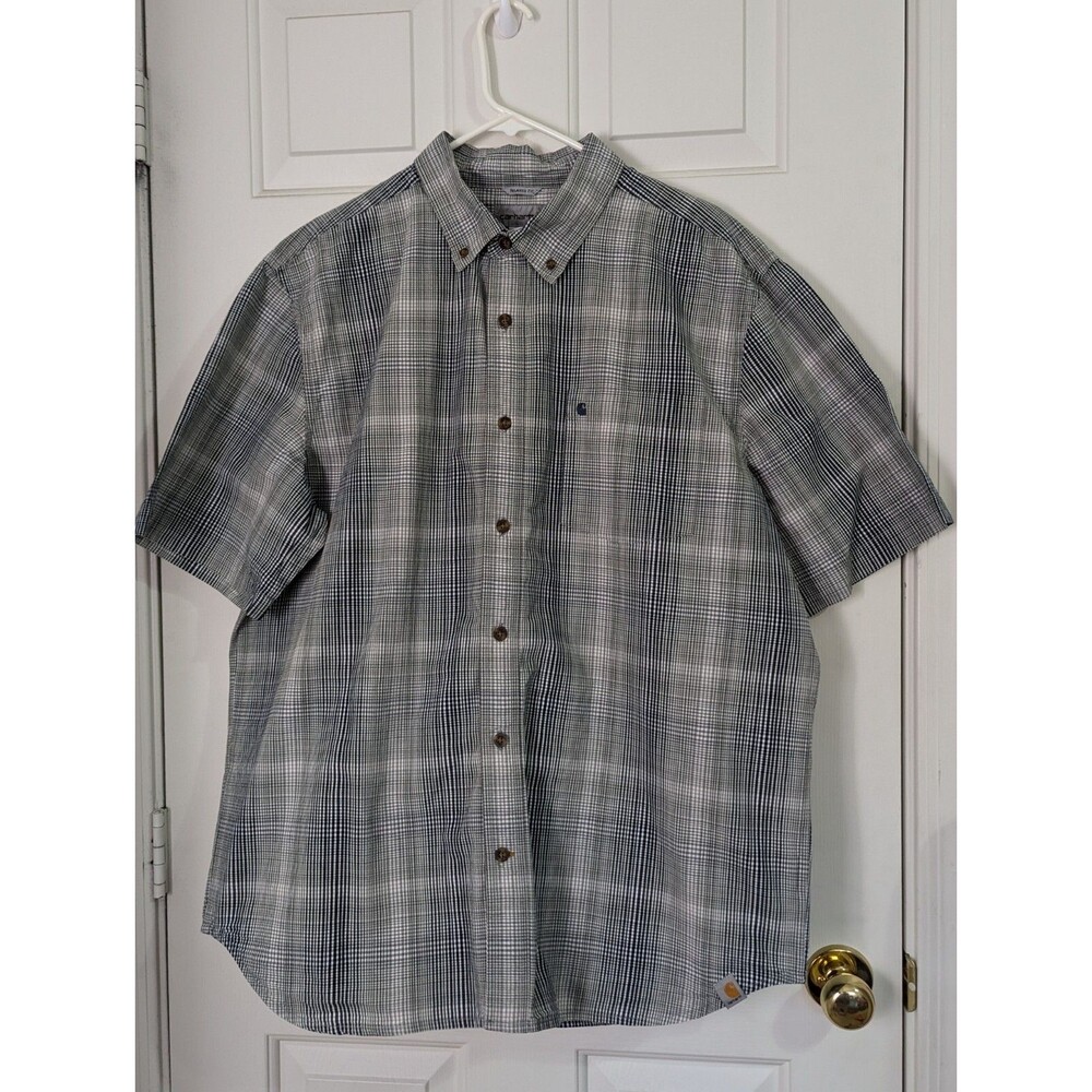 Carhartt Button Down Mens XL Shirt Navy Gray Plaid S/S Relaxed Fit Medium Weight